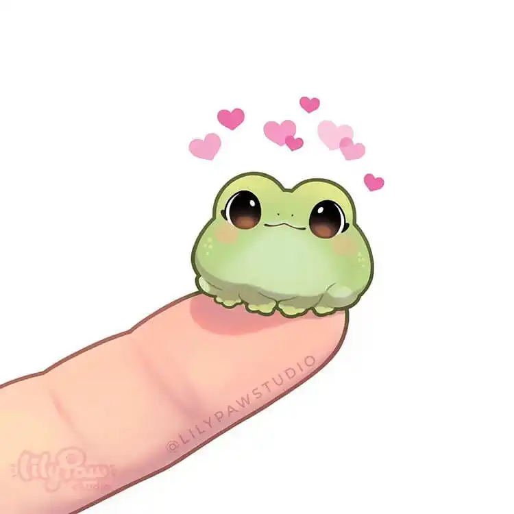 Cute Animal Drawing Idea - Cat/Kitten Holding a Strawberry 20 A delicate illustration of a tiny frog perched on a human finger, surrounded by floating pink hearts, capturing innocence and cuteness.