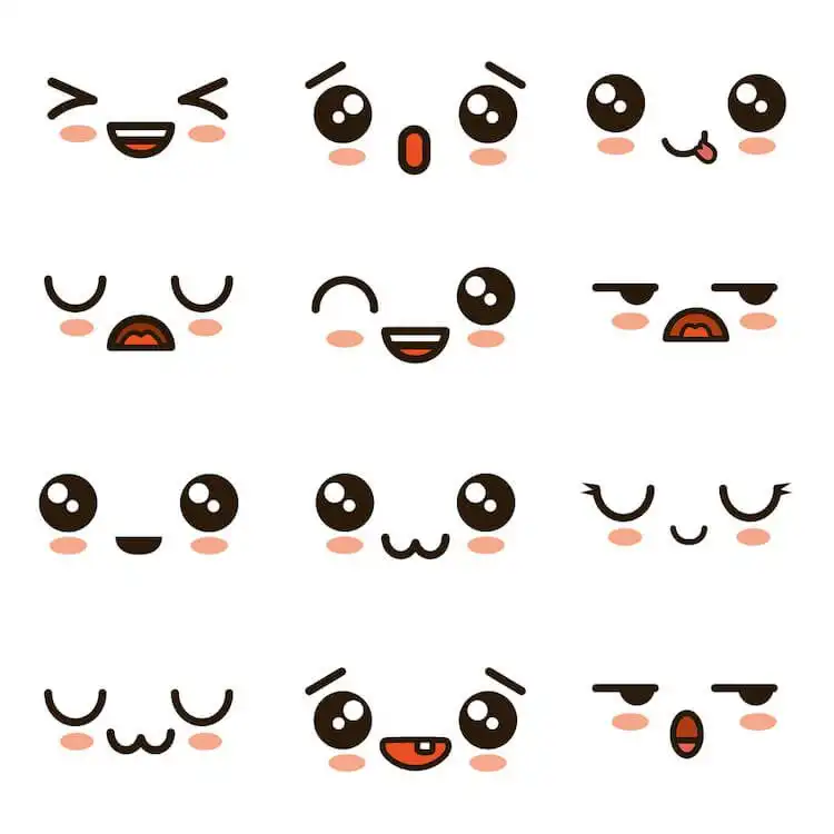 Cute Animal Drawing Idea - Cat/Kitten Holding a Strawberry 4 A collection of twelve simple yet expressive kawaii facial expressions, including winks, smiles, and surprised looks, perfect for quick doodle practice.