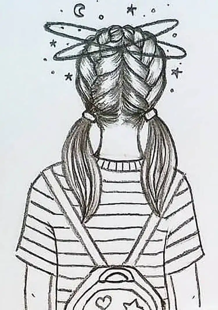 Cute Animal Drawing Idea - Cat/Kitten Holding a Strawberry 5 An imaginative drawing of a female character with her head depicted as a swirling cosmic scene filled with stars and galaxies, showcasing intricate hair details.
