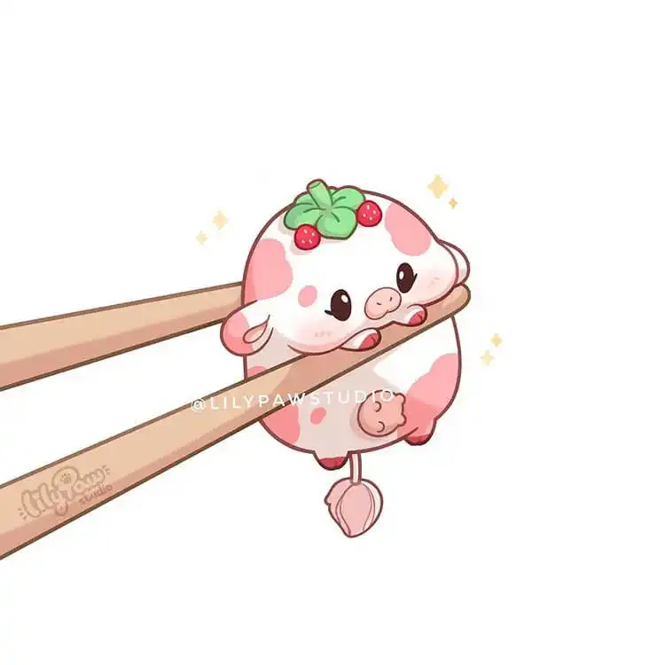 Cute Animal Drawing Idea - Cat/Kitten Holding a Strawberry 6 A delightful strawberry cow illustration, featuring a cow with pink and white spots resembling strawberries, creating a whimsical and cheerful aesthetic.