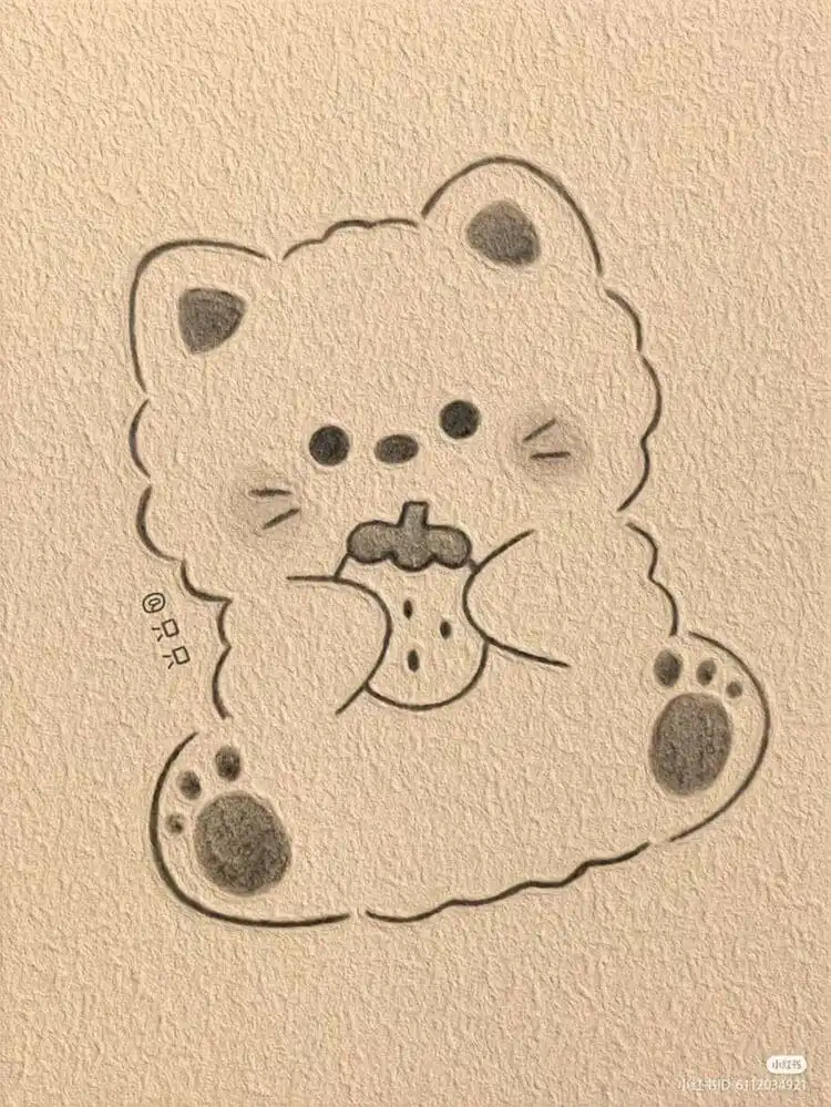 Cute Animal Drawing Idea - Cat/Kitten Holding a Strawberry 7 A simple and endearing drawing of a cute kitten delicately holding a bright red strawberry in its paws, perfect for beginners learning animal art.