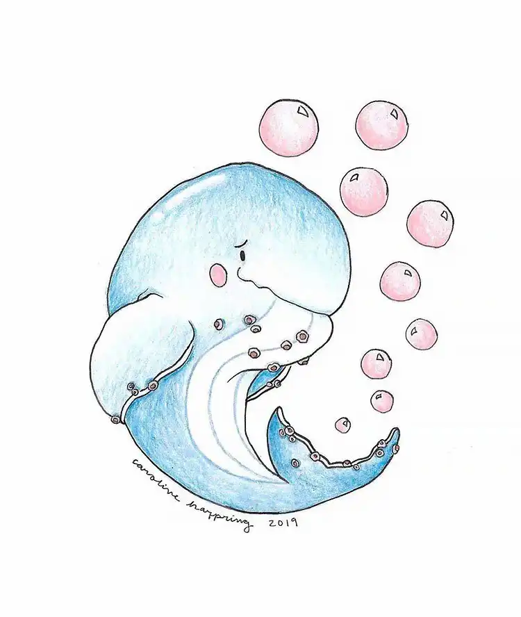 Cute Animal Drawing Idea - Cat/Kitten Holding a Strawberry 8 A cheerful, beginner-friendly drawing of a whale gracefully swimming amidst delicate bubbles, rendered in calming blue and green hues.