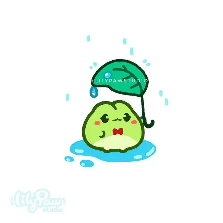 Cute Animal Drawing Idea - Cat/Kitten Holding a Strawberry 9 A whimsical illustration of an adorable frog using a large lily pad as an umbrella, showcasing charming character design and nature elements.