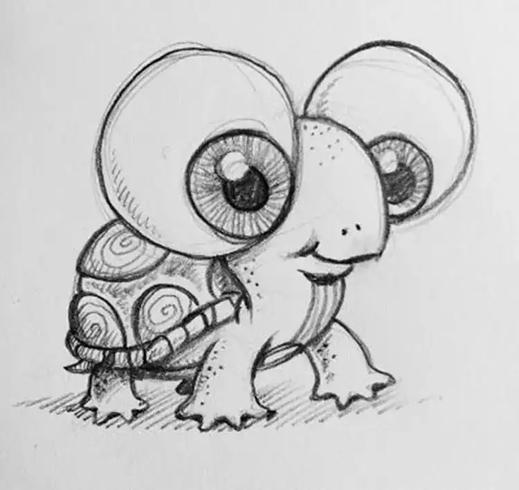 An adorable baby turtle sketch with detailed shell texture and a gentle expression, perfect for beginner animal drawing practice.