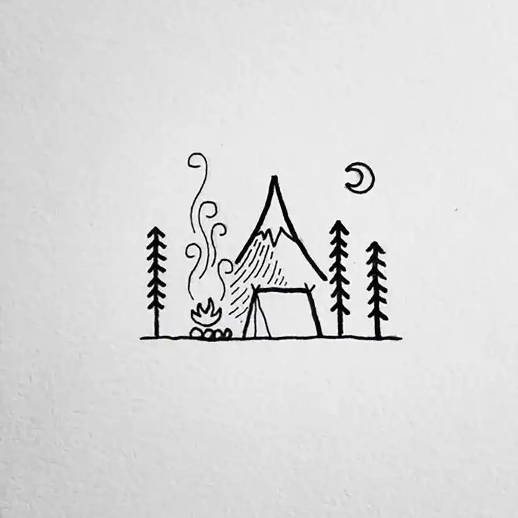 A simple camping area drawing featuring a tent, stylized mountains, and evergreen trees, perfect for beginner landscape sketches.