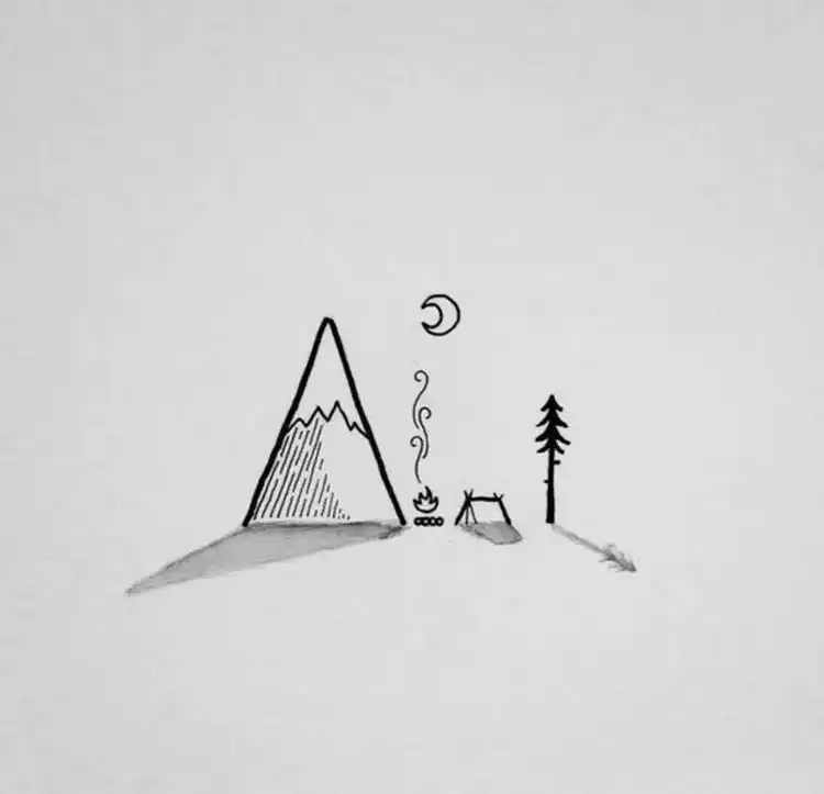 A minimalist drawing of a small camping area with basic tent and tree outlines, designed for quick sketches and drawing newbies.