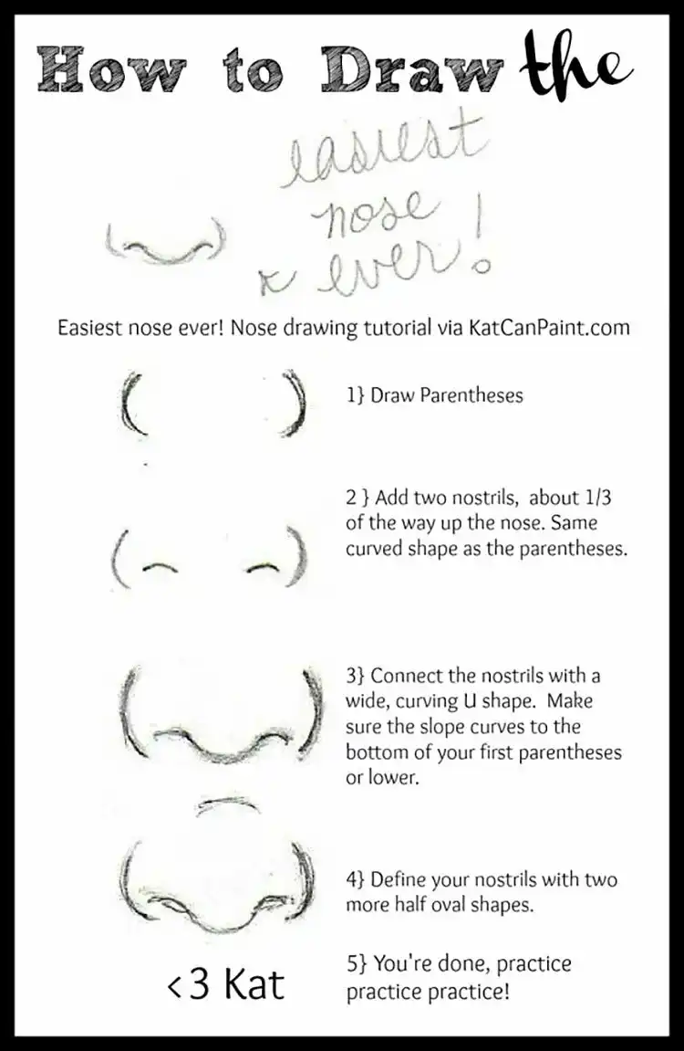 An easy step-by-step guide on how to draw a simple nose, focusing on basic shapes and minimal lines for character faces.