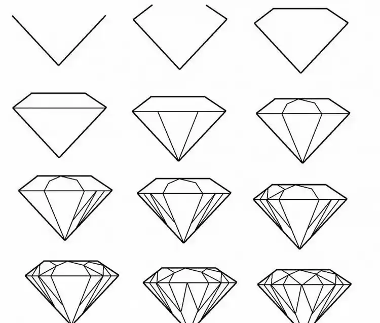 A step-by-step visual breaking down how to draw a diamond, showing geometric construction line by line for a sparkling gem.