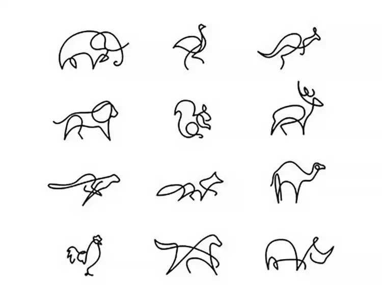 A collection of elegant animal line drawings, showcasing minimalist art style for various creatures like birds and deer.