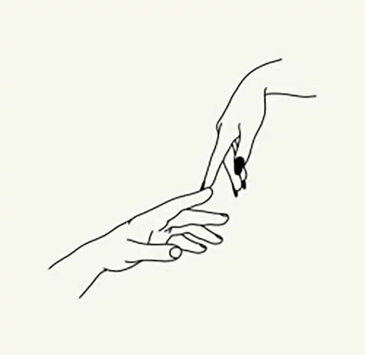 A reference photo of two hands gently touching, providing an excellent guide for practicing drawing complex hand gestures and anatomy.