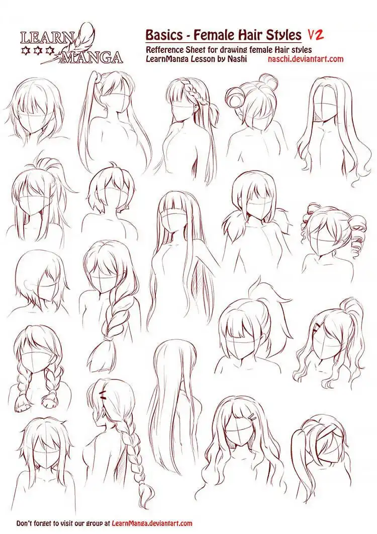 A reference sheet showcasing various manga female hairstyles, from short bobs to long flowing hair, for character design inspiration.