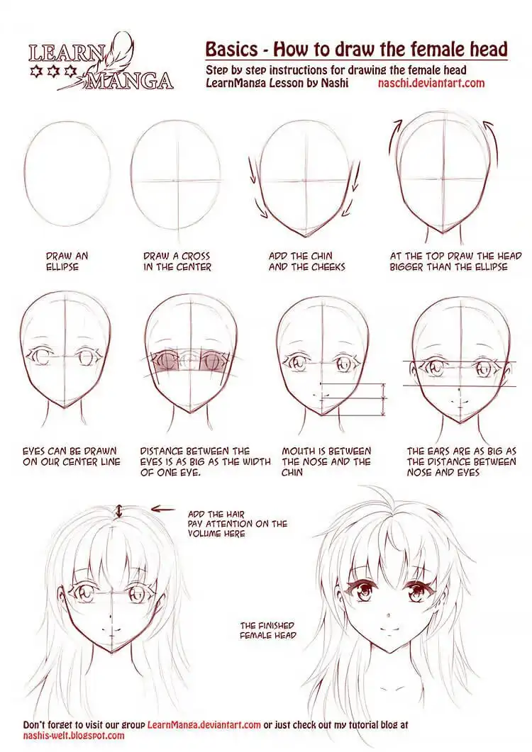 Step-by-step instructions for drawing a manga female head, detailing the proportions and features in the iconic style.