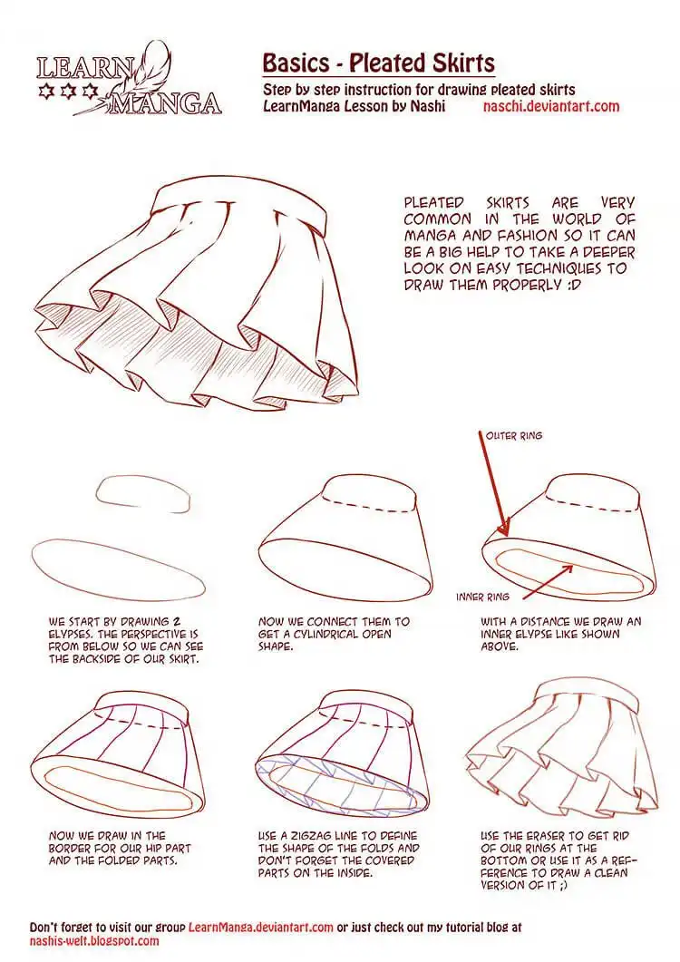 A tutorial illustration on how to draw manga pleated skirts, showing the flow and folds characteristic of anime fashion.