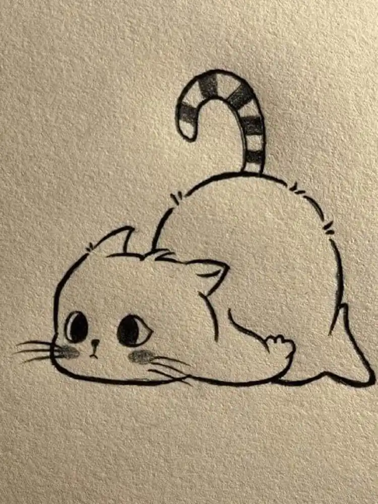 A cute, chubby kitten lying on its belly, showcasing soft curves and a content expression, ideal for cat drawing practice.