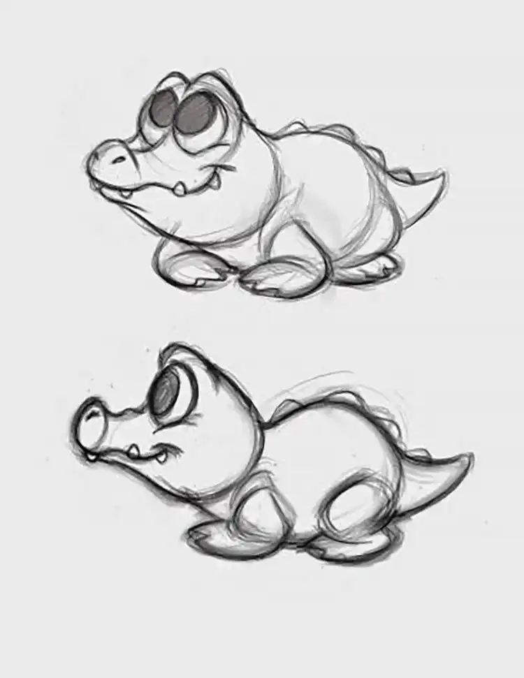 An adorable baby alligator drawing shown from two different angles (front and side), providing a comprehensive reference for beginner artists.