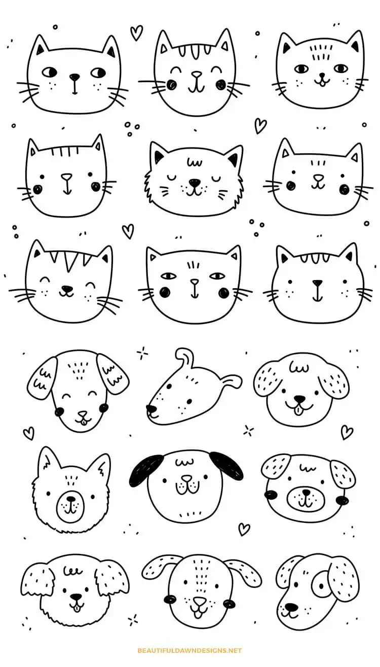 A page filled with charming cat and dog doodle illustrations, showcasing various playful poses and interactions between pets.