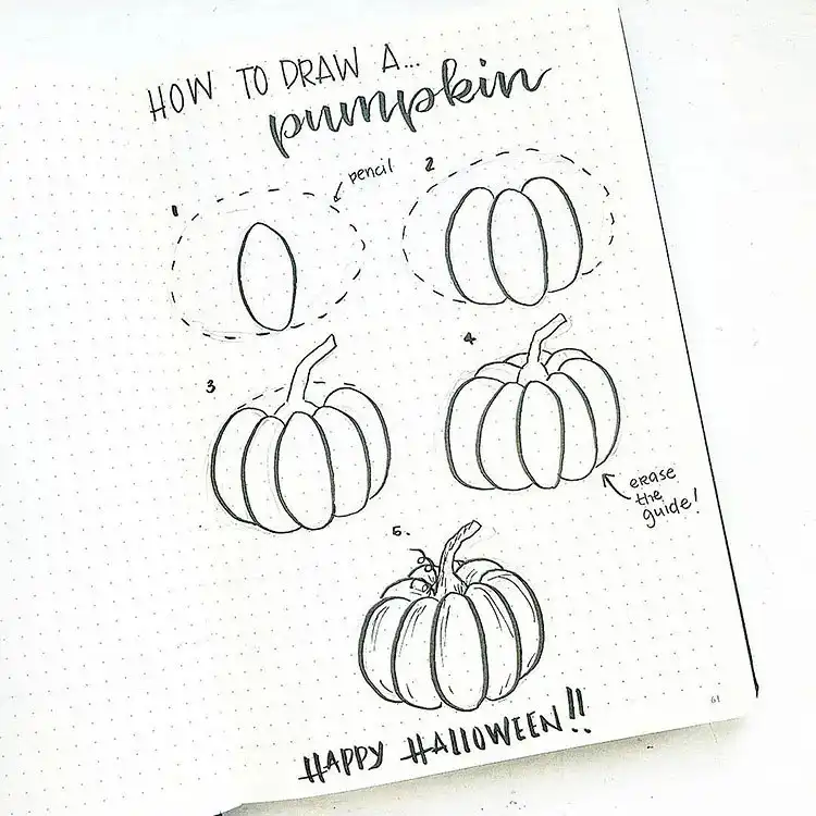 A step-by-step tutorial illustration on how to draw a pumpkin, showing the progression from basic shapes to a fully textured autumn squash.
