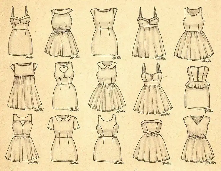 A collection of various female dress designs, from simple to detailed, serving as references for character costume drawing and fashion illustration.