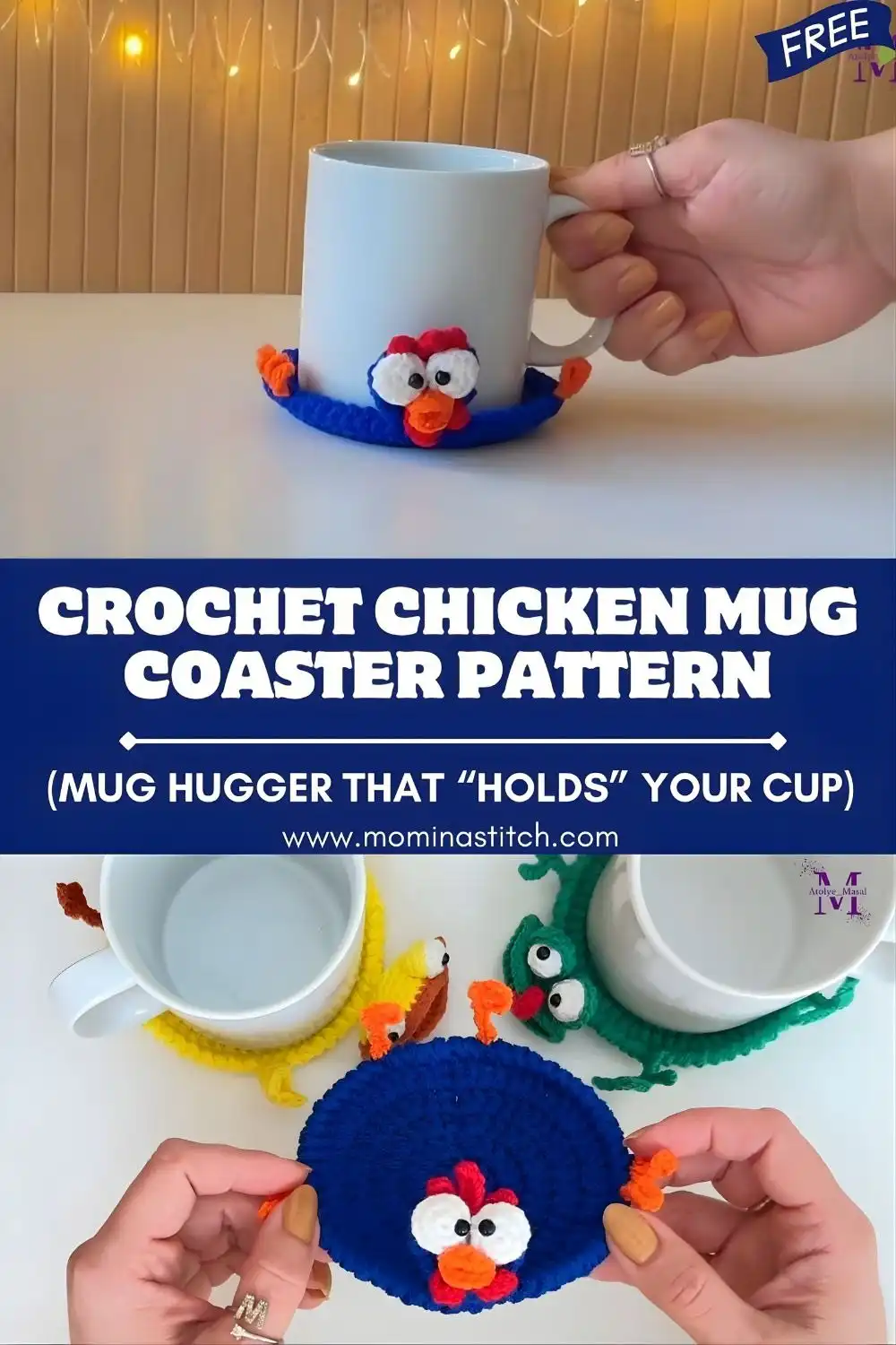 Detailed progress shot of the Cute Crochet Chicken Mug Coaster showing the coaster base and the white chicken body panel beginning to form, highlighting the mug hugger pattern.