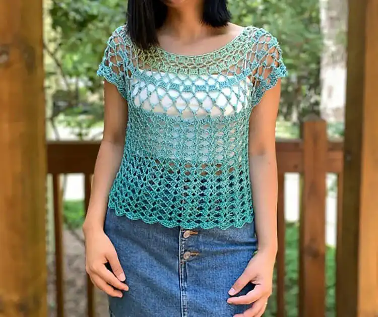 Beautifully draped Summer Lace Top, a seamless crochet design suitable for summer days.