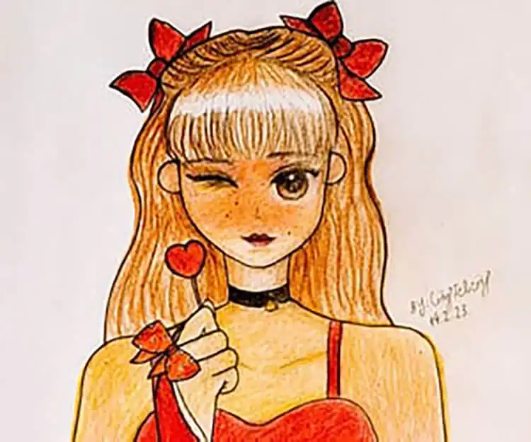 Charming Girl with Heart Lollipop Drawing, radiating cuteness and joy