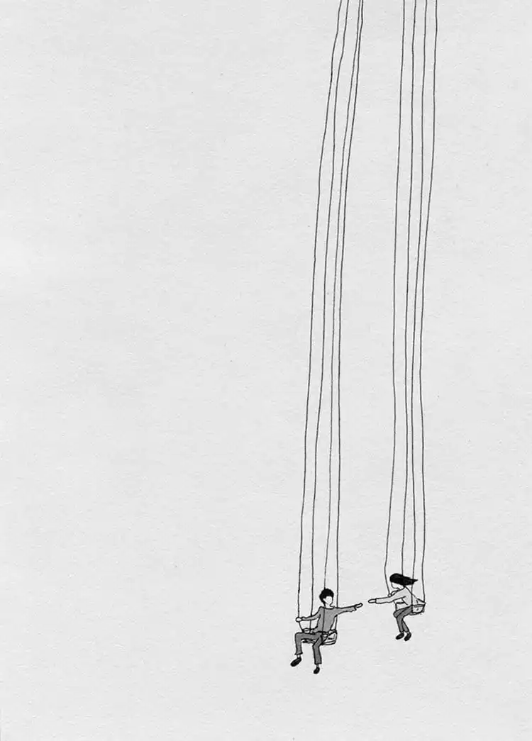 Whimsical Couple on Swing Drawing, aiming to hold hands and illustrating Cute Drawing Ideas that Portray Love