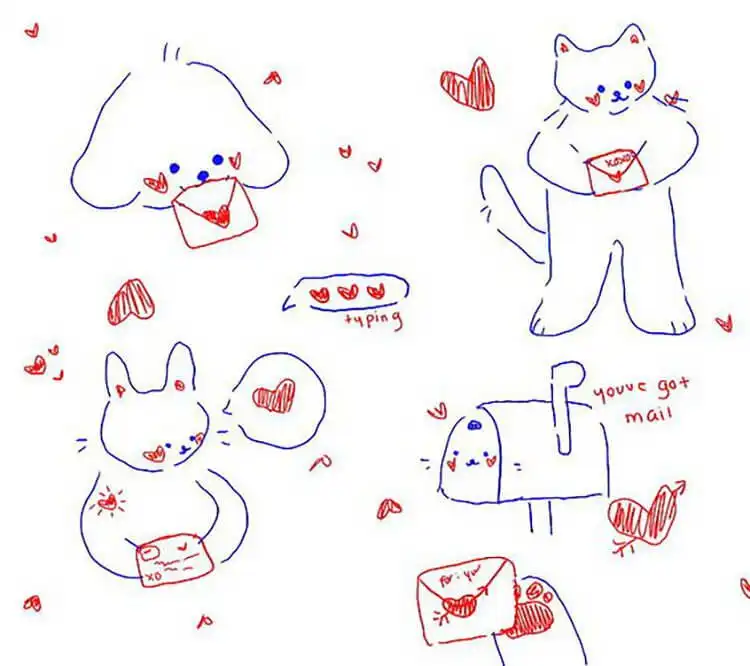 Playful Love Letter Doodles featuring various cute animals delivering messages of love