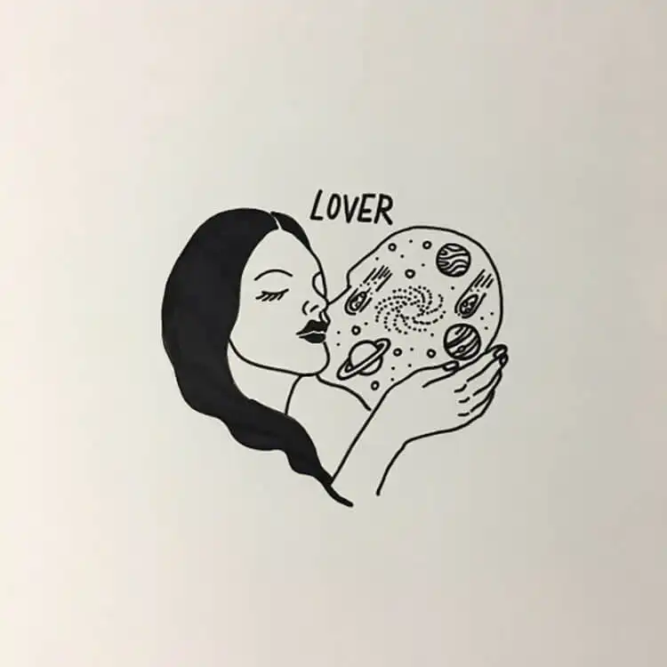 Artistic Woman Holding Head with Planets Drawing, a surreal take on imagination and love