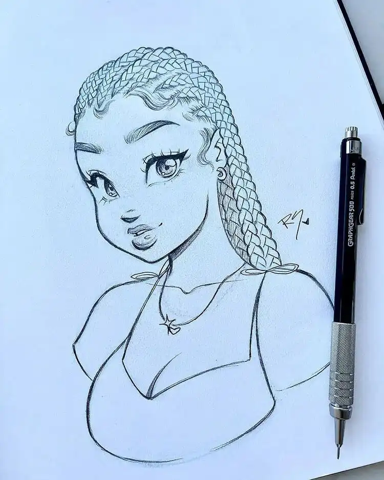 Detailed sketch of a cute girl with intricate braids, demonstrating hair texture and facial expression techniques.