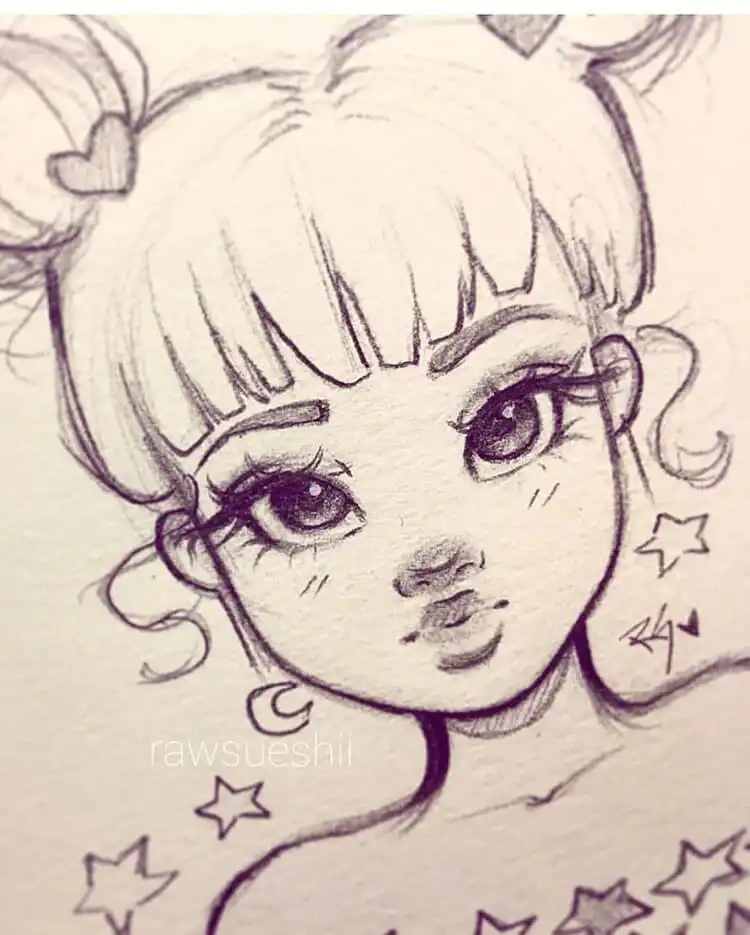 Super cute Kawaii girl drawing with stars, featuring large eyes and a charming aesthetic.