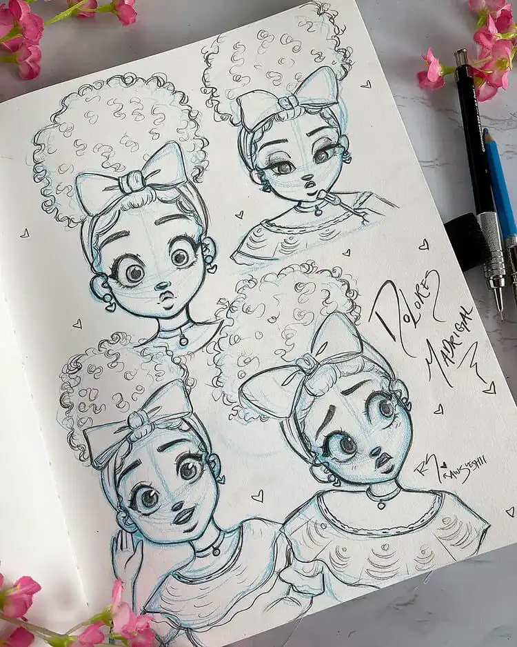 Multiple sketches of Dolores Madrigal from Encanto, demonstrating character consistency and expressions.