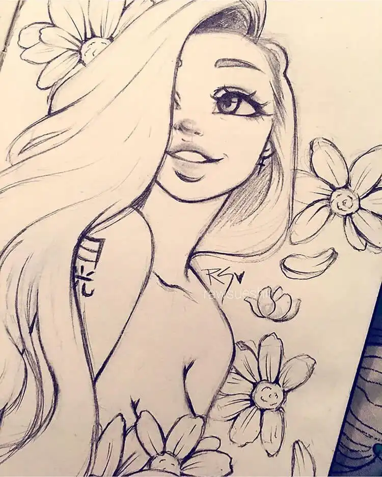 Serene sketch of a girl surrounded by flowers, combining character drawing with natural elements.