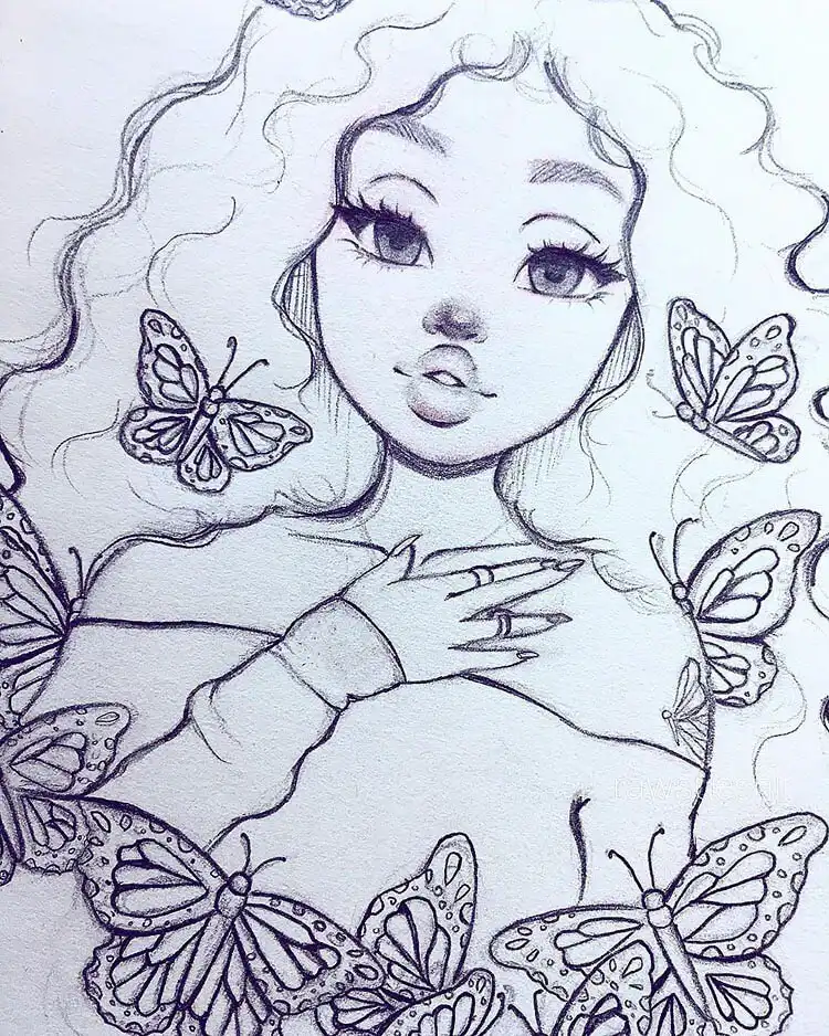 Whimsical sketch of a girl surrounded by butterflies, showcasing intricate details and fantastical elements.