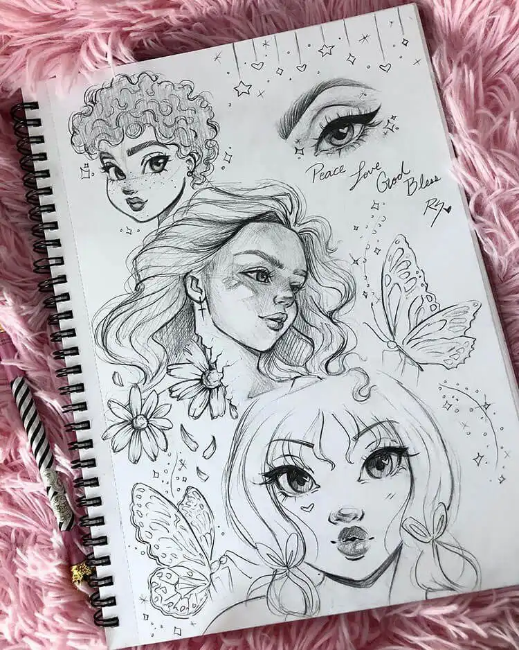 Three distinct girl sketches, providing diverse character studies for drawing practice.