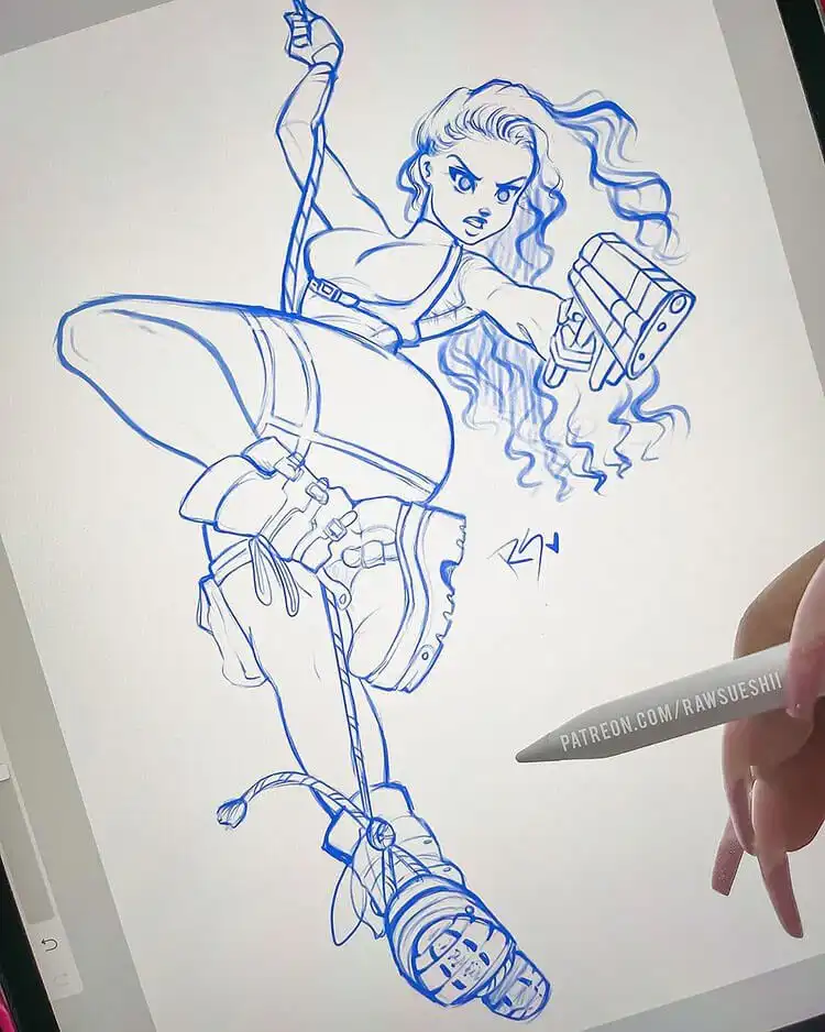 Dynamic drawing demonstrating how to draw action poses, featuring a woman in a powerful stance.