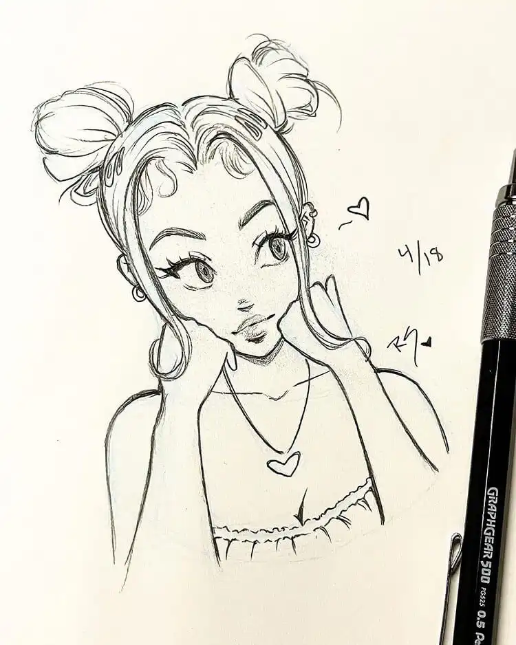 Playful drawing of a girl with space buns and a heart necklace, perfect for vibrant color exploration.