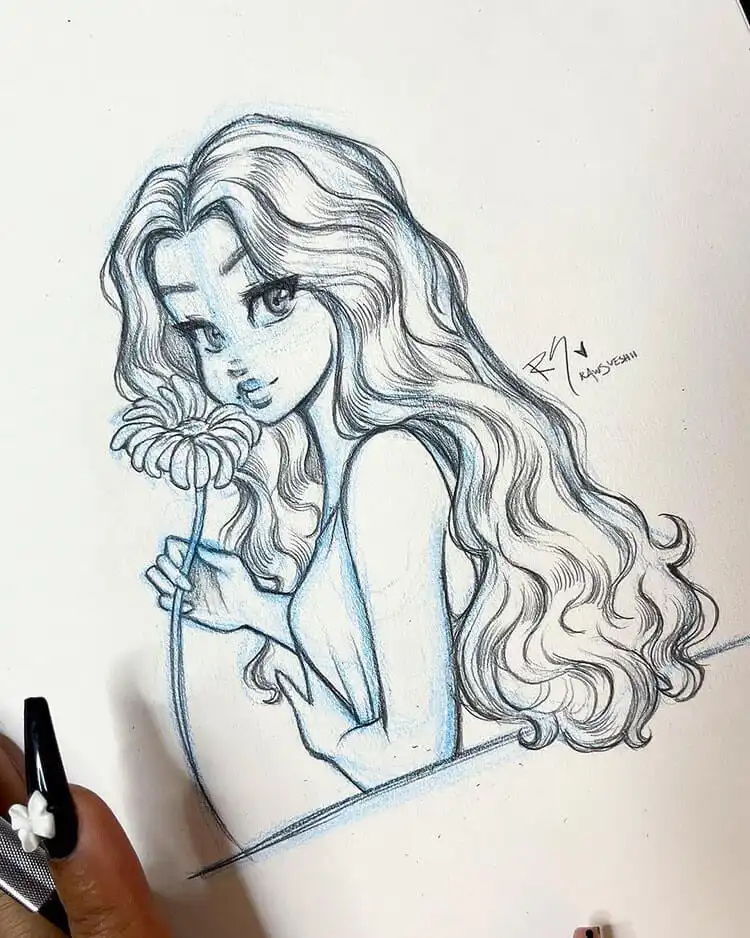 Charming sketch of a cute flower girl holding a bloom, perfect for delicate hand and floral drawing.