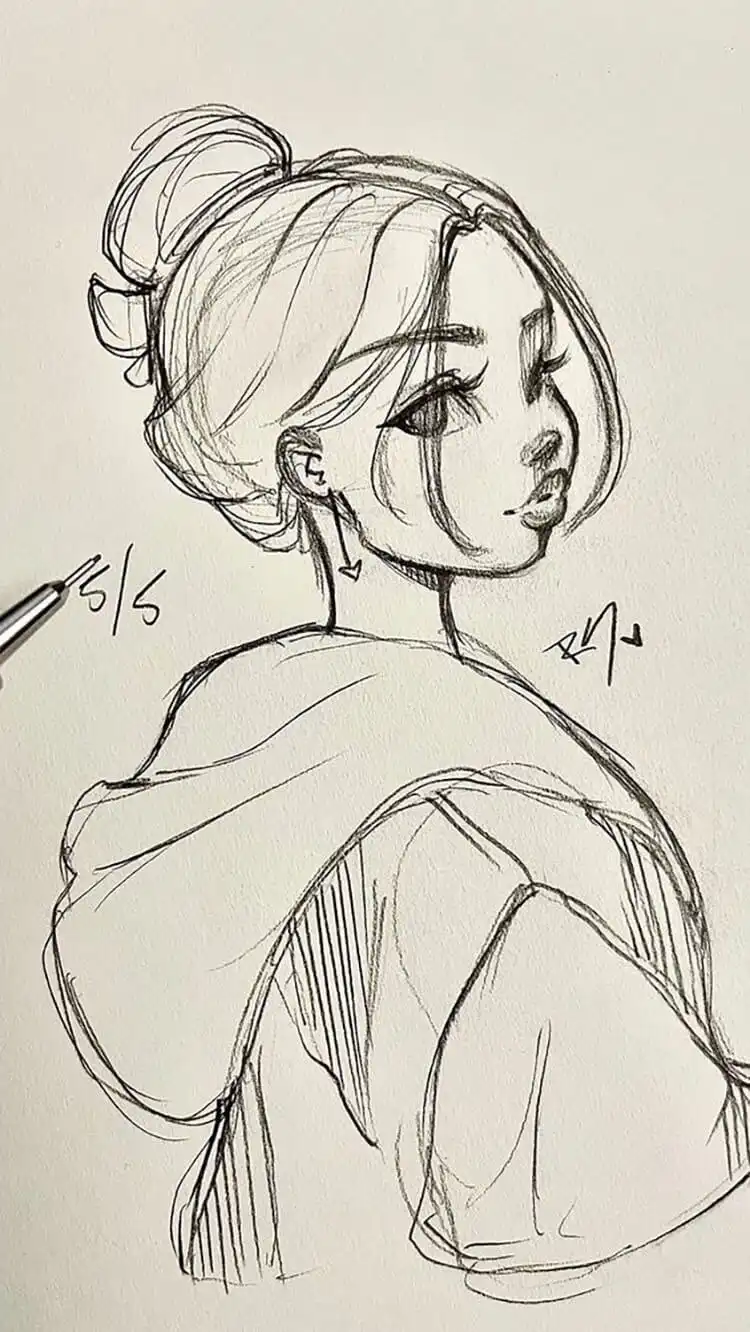 Evocative sketch of a girl looking back, for practicing unique perspectives and emotional depth.