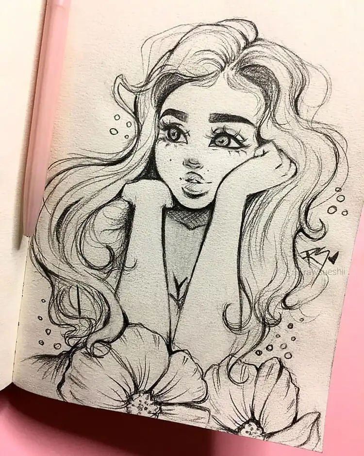 Dynamic sketch of a trendy mermaid with long, flowing hair, emphasizing movement and grace.