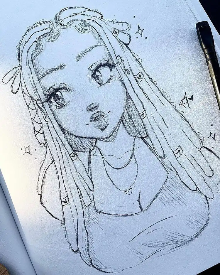 Stylish sketch of a girl with locs and a heart necklace, showcasing contemporary hairstyles and fashion.