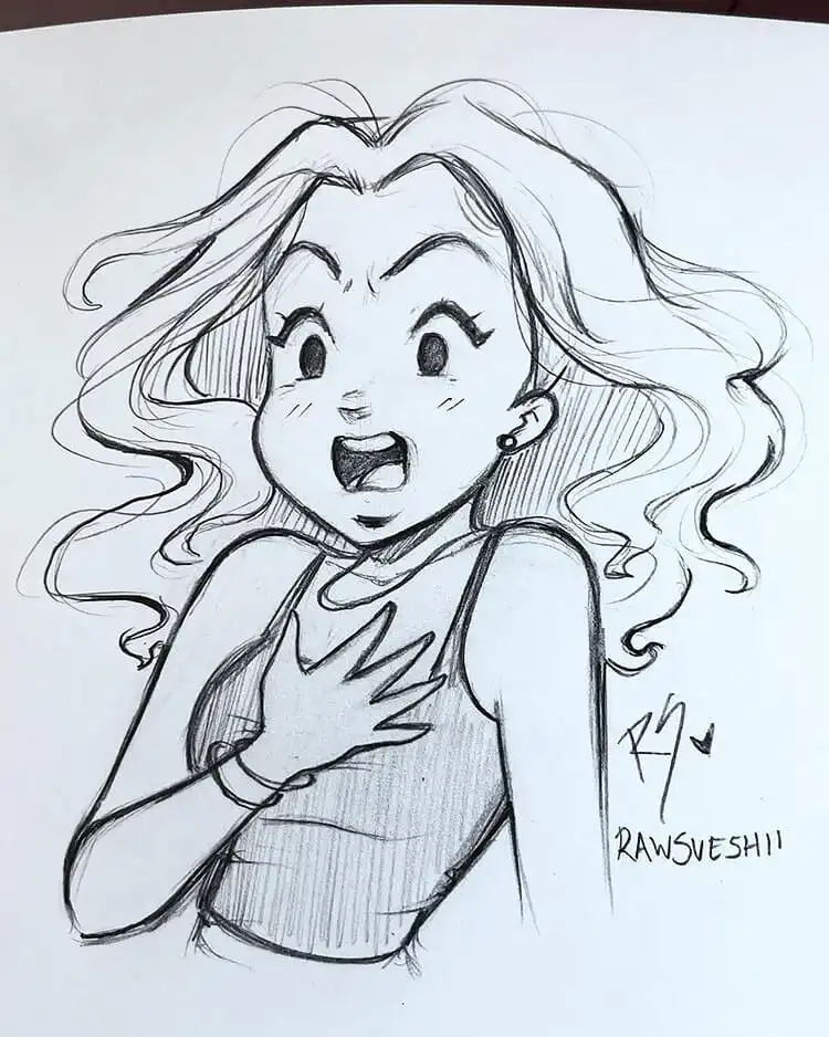 Expressive sketch of a girl with a shocked or surprised expression, ideal for practicing emotive facial features.