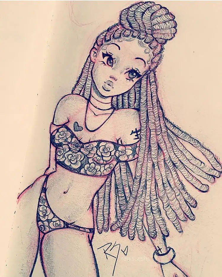 Elegant sketch of a girl with goddess locs and a floral swimsuit, combining intricate hair with fashion design.