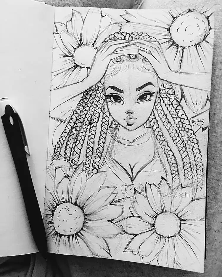 Detailed sketch of a girl with box braids, an excellent reference for structured and textured hairstyles.