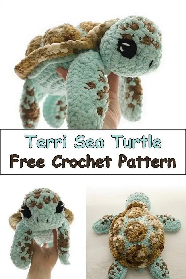 Terri the Sea Turtle crochet amigurumi, featuring a rounded green shell, yellow belly, and smiling face.