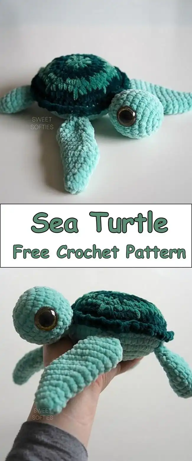 Classic green sea turtle crochet plushie with distinct shell segments and flippers, a timeless design.