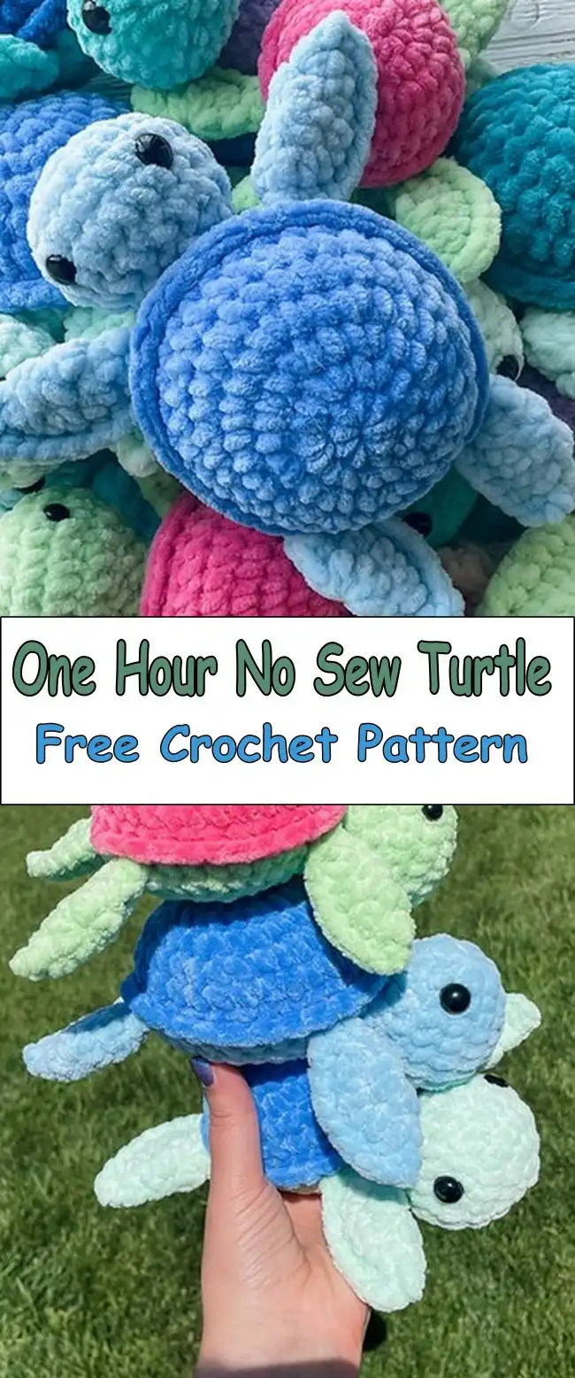 Small, blue one-hour no-sew crochet turtle, demonstrating quick and seamless assembly.