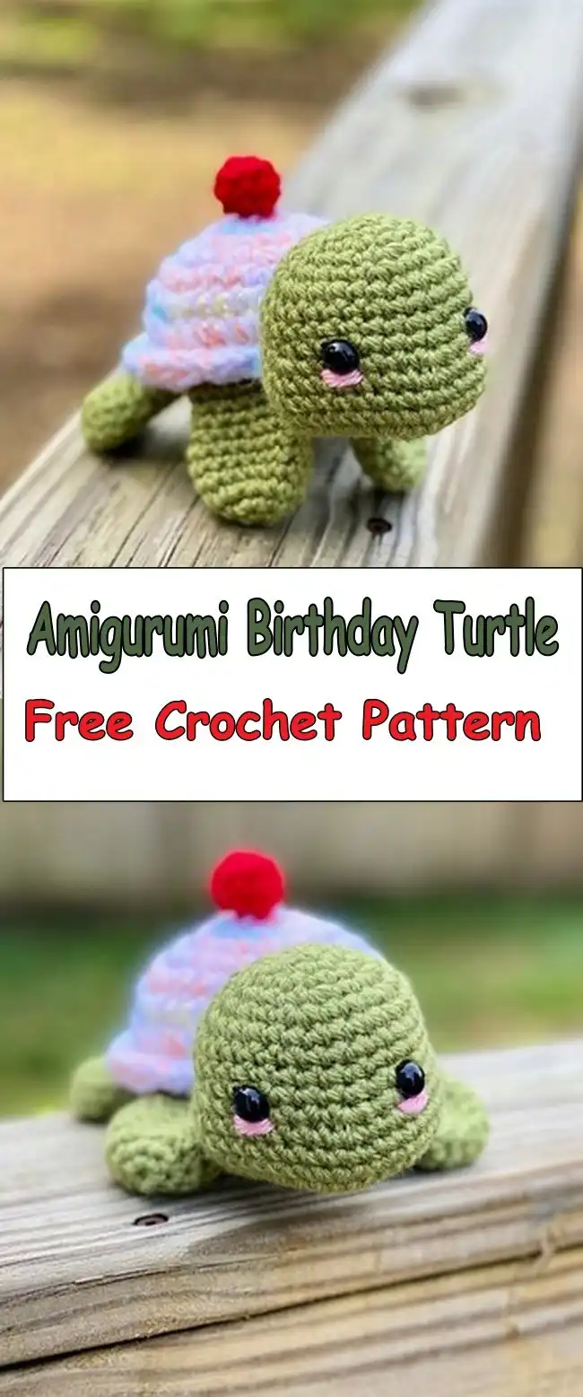 Amigurumi birthday turtle wearing a tiny party hat, surrounded by festive decorations, celebrating a special day.