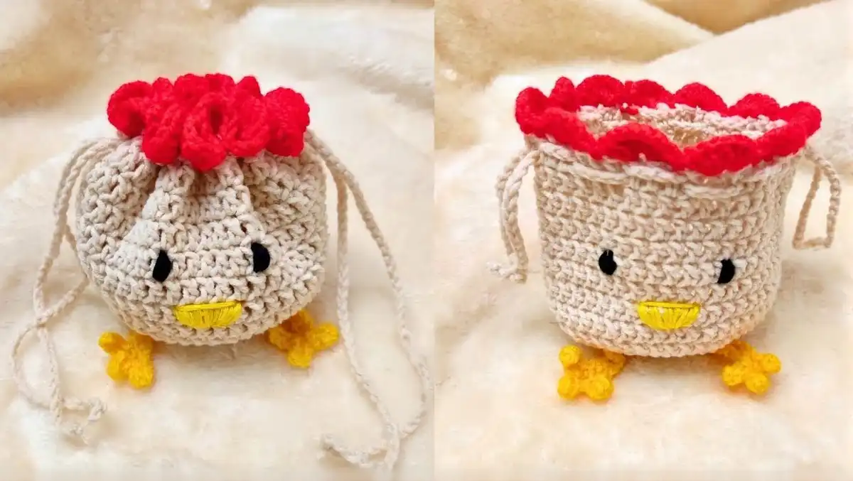 Adorable handmade Cutest Crochet Chicken Drawstring Pouch Free Pattern Idea, perfect for beginners