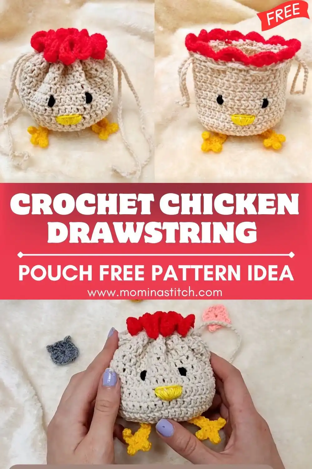 Close-up of crochet stitches forming the base and body of the Cutest Crochet Chicken Drawstring Pouch Free Pattern Idea
