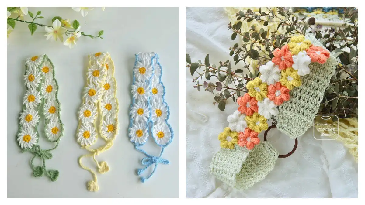 Collection of various daisy headband bandanas crochet patterns displayed on different hair types and backgrounds.